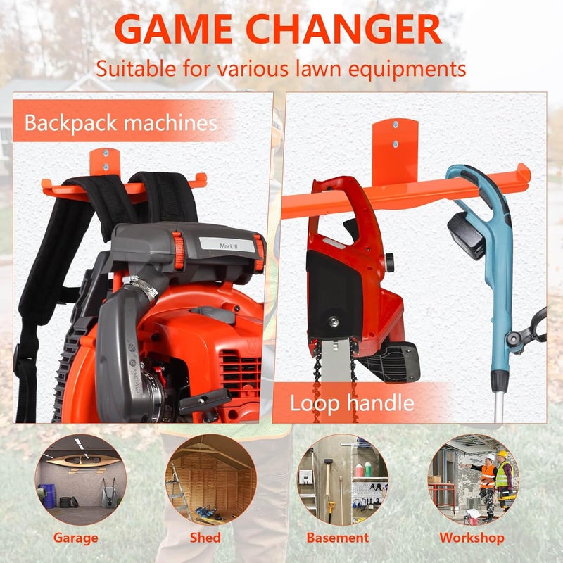 iulrtba Backpack Blower Rack with Hose Holder - Heavy Duty Backpack Sprayer Wall Mount with Dual-Sided Hooks, Space-Saving Backpack Hanger for Weed Eater, Hedge Trimmer and Chain Saw, 330lbs Load Capacity - Image 2